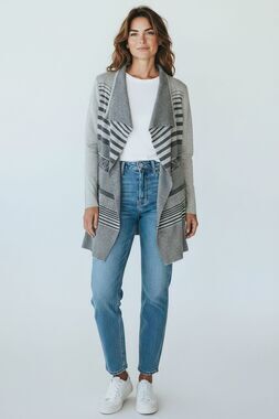 Ruby Moon Anthropologie Gray Geo Stripe Waterfall Cardigan Open Front M